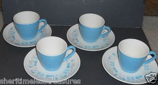   Royal China Blue Heaven Cups & Saucers Mid Century 4 Sets 1950s Atomic