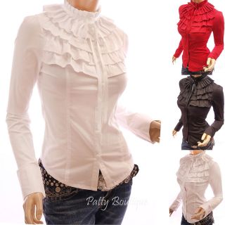 Ruffle Flounce Stand Collar Long Sleeved Blouse Tops