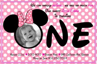   Photo Pink Polka Dot Minnie Mouse First 1st Birthday Invitations cards