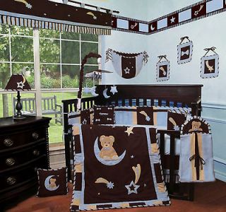 Baby Blue Bear & Moon 15 PCS Boy Girl Crib Bedding Set