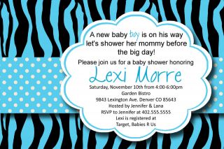   Blue Zebra Print Polka Dot Baby or Bridal Shower Invitation Card