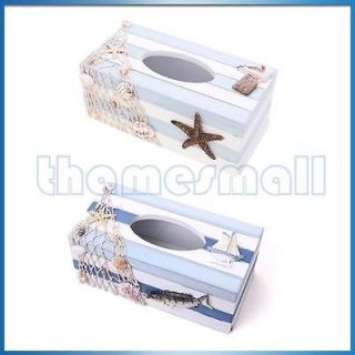 Wooden Sea Beach Fishnet Seashell Style Tissue Holder Box Case 