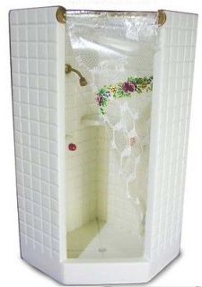 dollhouse miniature BATHROOM SHOWER STALL CORNER BATH W/ CURTAIN TILES