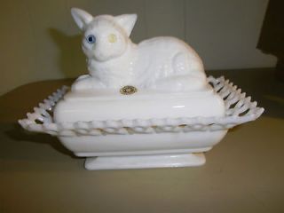   Milk Glass Cat Covered Dish with Beaded Eyes (missing one eye