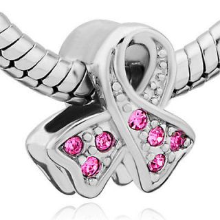 PUGSTER® BEAD PINK RIBBON SILVER CHARM FOR BRACELET A01