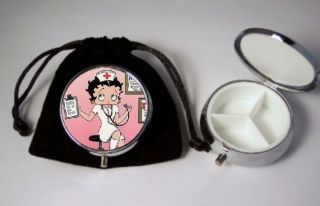 Betty Boop Nurse Pill Box silvertone with pouch