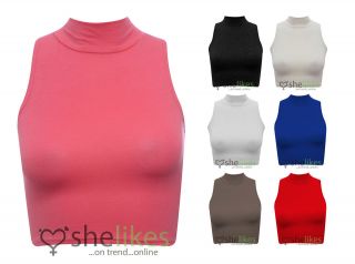 Womens Sleeveless Cropped Top Ladies Polo Neck Crop Dance Stretch Top 
