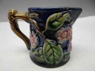   Small Pottery Decorative Flowers Roses Blue Majolica Creamer Pitcher