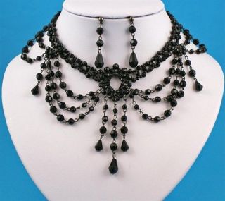 Black Rouge Moulin Gothic Bead Choker Necklace Earring Set
