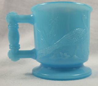 Vintage Blue Milk Glass Childs Handled Cup Mug With Embossed Peacock 