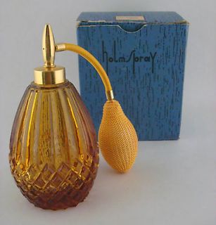   VINTAGE PERFUME GLASS EMPTY GOLD AMBER BOTTLE JAR ATOMIZER W BOX