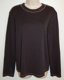 HUGO BOSS LONG SLEEVE BLACK COTTON KNIT TOP with SILVER STUDS EUC L