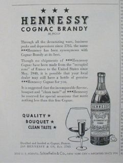 1942 Hennessy Cognac Brandy France Schieffelin & Co. Ad