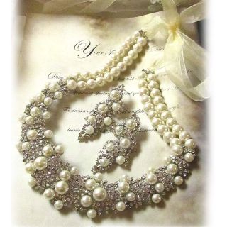 OOAK bridal bib statement pearl, swarovski crystal necklace earrings 