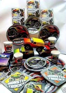 Lot of 80 pc MONSTER TRUCK JAM PARTY Boys BIRTHDAY TABLEWARE Plates 