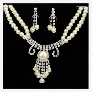 Pearl Crystal Heart Earring Necklace Wedding Party Jewel Set A1802K