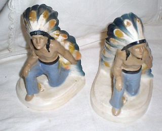   COLLECTABLE INDIAN CHIEF HEADS BOOKENDS VERY OLD POTTERY UNMARKED