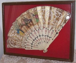 Antique Hand Painted Ox Bone Hand Fan * In Display Box