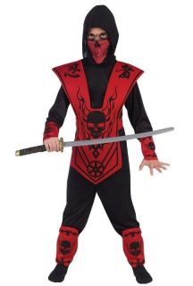 Boys Red Ninja Costume Childs Asian Dragon Samurai Fighter Skull S M L 