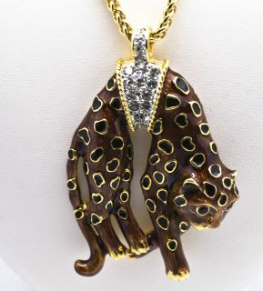 Kenneth Jay Lane Brown & Black Enamel Crystal Panther Pendant Necklace 