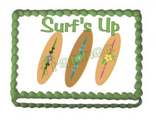 SURF BOARDS SURFS UP HAPPY BIRTHDAY EDIBLE CAKE IMAGE