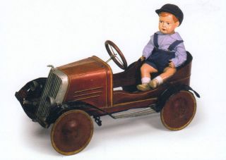 Museum Postcard old Tin Toy PEDAL CAR w/PAPIER MACHE DOLL Portugal 