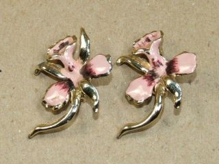 Vintage Pink & Purple Enamel Daffodil Flower Pin Brooch Set of 2