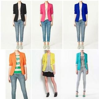 New Fashion Slim Women Candy Color Foldable Cuff Suit Jacket Blazer 4 