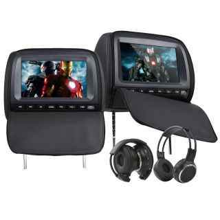 2x9LCD In Car Black Pillow Headrest DVD Player seat cover Hedphone 