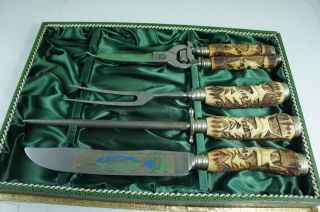   JACOBS & CO.SOLINGEN ROSTFREI CARVING SET STAG HORN HANDLES BOXED