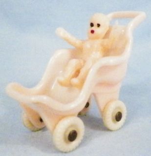 Sweet Baby Doll in Pink Hard Plastic Carriage Buggy Vintage Dollhouse 