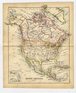 1888 MAP OF NORTH AMERICA / UNITED STATES CANADA WEST INDIES CARIBBEAN