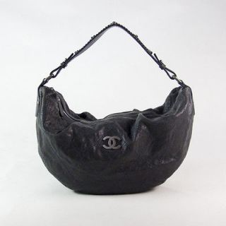 Authentic Chanel Black Leather Classic Coco Logo Shoulder Hobo Bag 