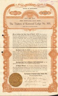   of Kenwood Lodge No. 303 Wisconsin Free Masons bond certificate