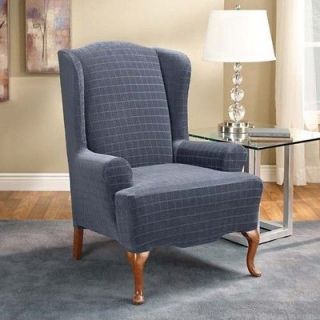 Surefit Blue Stretch Squares Pattern Wing Chair Cover Slipcover