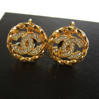 Auth CHANEL Vintage CC Logos Earrings Gold Tone Rhinestone With Box 