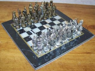 10 Square Marble Board Ancient Greek Metal Figures Chess Set