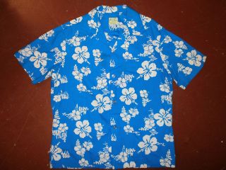   HAWAIIAN SHIRT Blue White Hibiscus Floral Leaf Polynesian Textiles