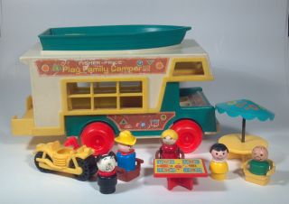 Vintage Fisher Price Little People Play Family Camper Boat Motorcycle 