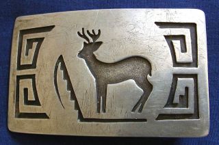 KABOTIE HOPI, STERLING, CUTOUT, OVERLAY, MANS VINTAGE, STAG BUCKLE