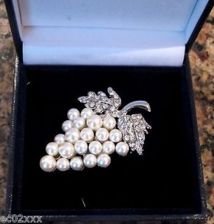Bunch of Grapes Design Brooch Crystal & Imitation Pearl Grape Boxed 