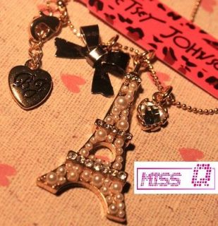 BETSEY JOHNSON Pearl Eiffel Tower Diamond Heart Necklace *U.S Seller 
