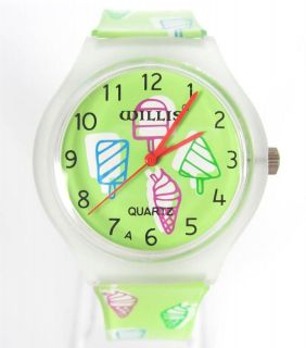 Green  Ice Cream  Pattern Sport Wrist Watch Rubber Time Clock CL010