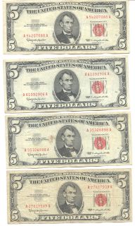 LOT OF 4 1963 RED SEAL 5 DOLLAR BILL (G) GOOD CONDITION