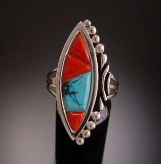 Size 10 ~ Alvin and Lulu Begay Coral and Turquoise Inlay Ring