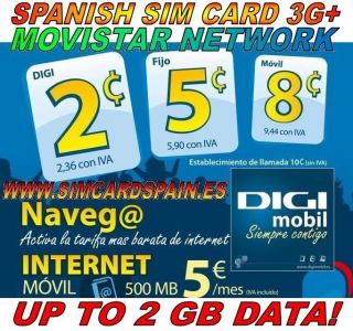   DIGI MOBIL (MOVISTAR) PREPAID 2 Gb DATA SIM CARD MOBILE INTERNET SPAIN