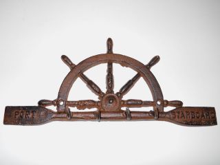 Nautical Decor Cast Iron Rust Ships Wheel Port & Starboard Key Rack 