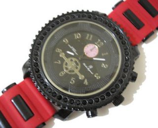 Iced Out Bling Bling Big Case Rubber Band Mens Watch Black / Red