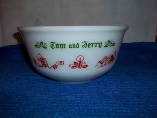 VINTAGE   TOM AND JERRY HOLIDAY BOWL   WHITE GLASS   ANCHOR HOCKING
