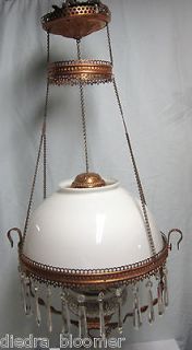 Antique B & H Bradley Hubbard Hanging Parlor Kerosene Oil Lamp Milk 